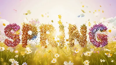 Spring Text Formed By Falling Flowers In Meadow