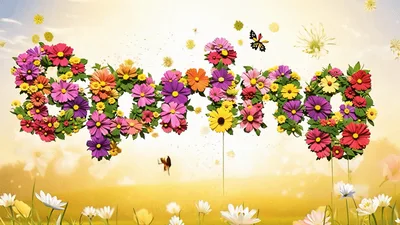 Spring Text Formed By Colorful Flowers In Sunny Meadow