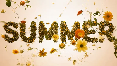 Summer Text Formed By Blooming Flowers And Greenery