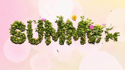 Summer Text Formed By Green Leaves And Flowers