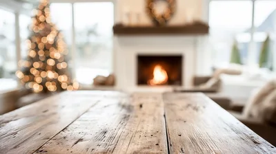 Rustic Wooden Table In Cozy Christmas Living Room