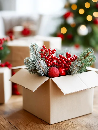 Cardboard Box Filled With Christmas Decorations