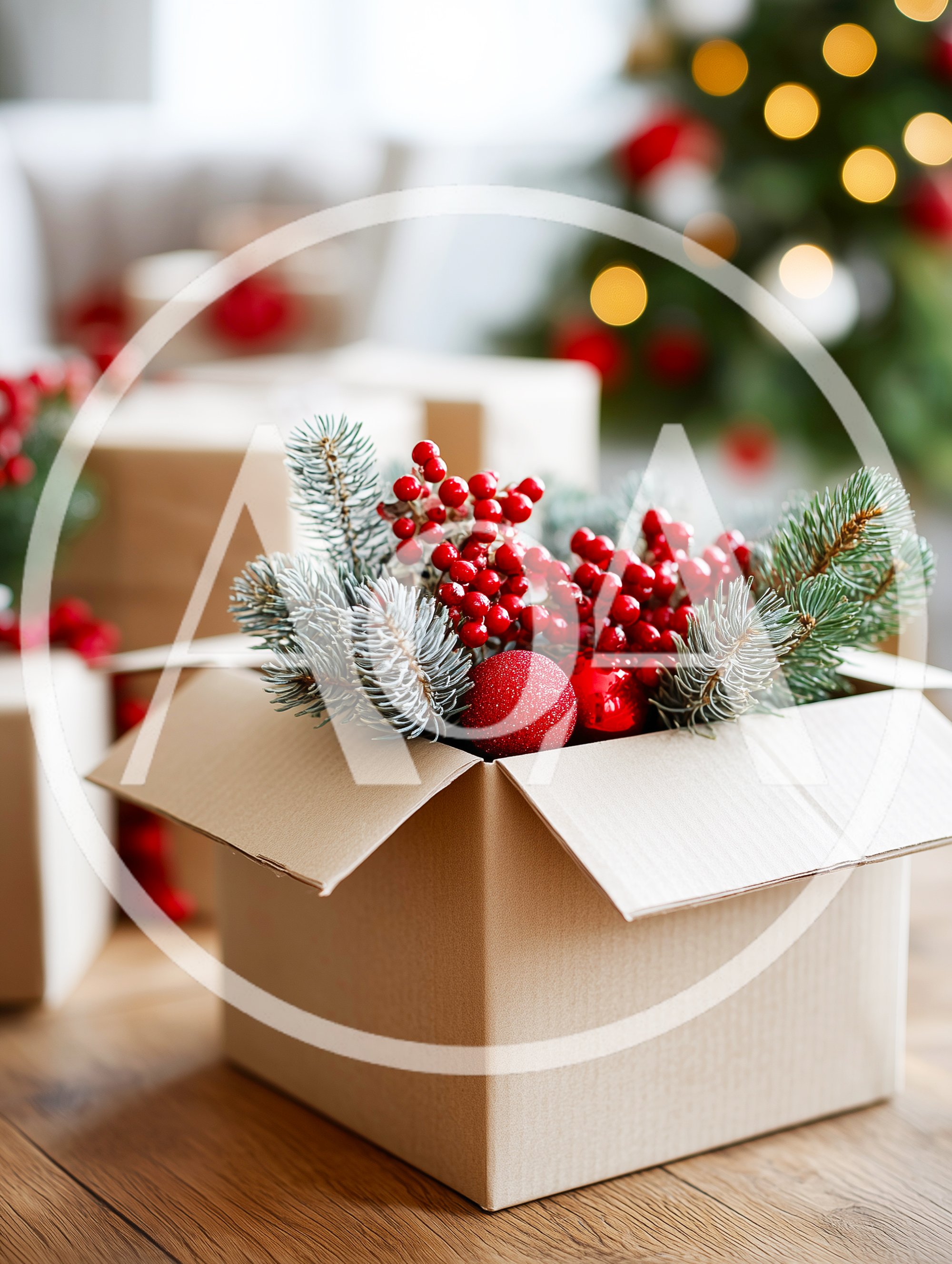 Cardboard Box Filled With Christmas Decorations