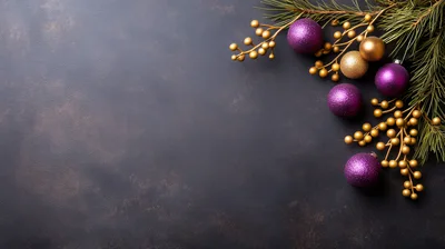 Christmas Ornaments and Pine Branches on Dark Background