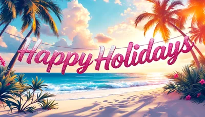 Happy Holidays Text Banner Over Tropical Beach Sunset