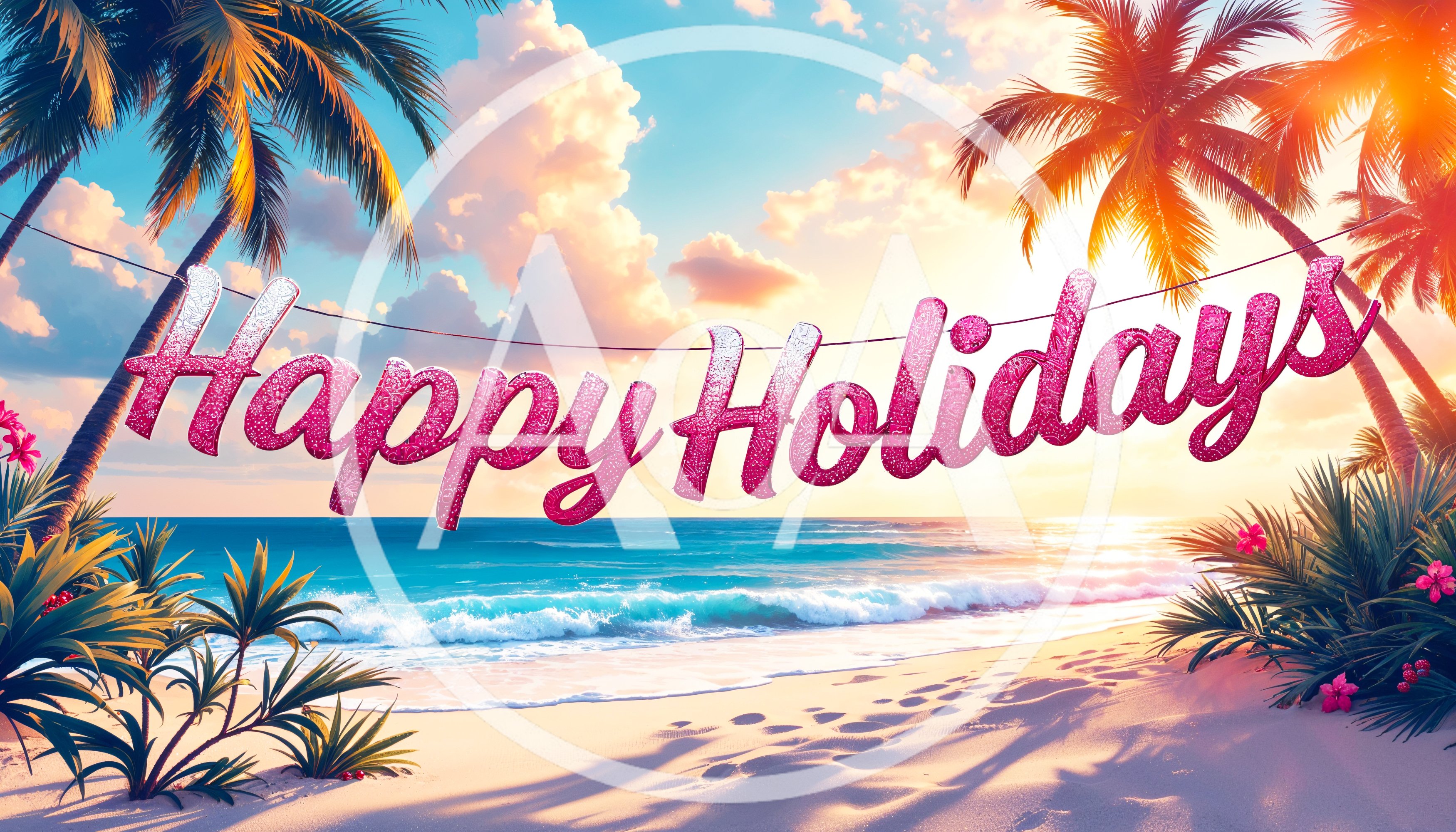 Happy Holidays Text Banner Over Tropical Beach Sunset