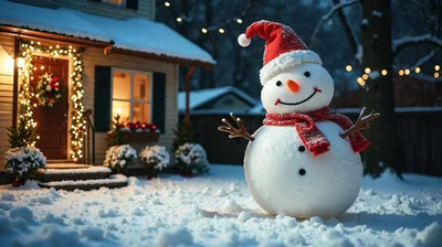 Cheerful Snowman Standing In Front Of Decorated House