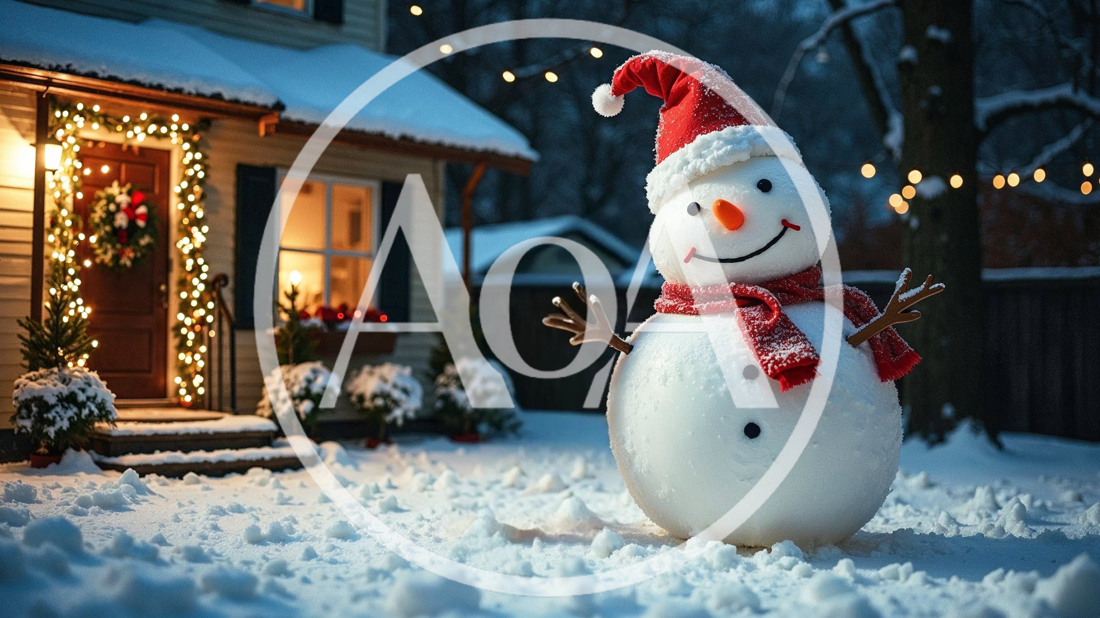 Cheerful Snowman Standing In Front Of Decorated House