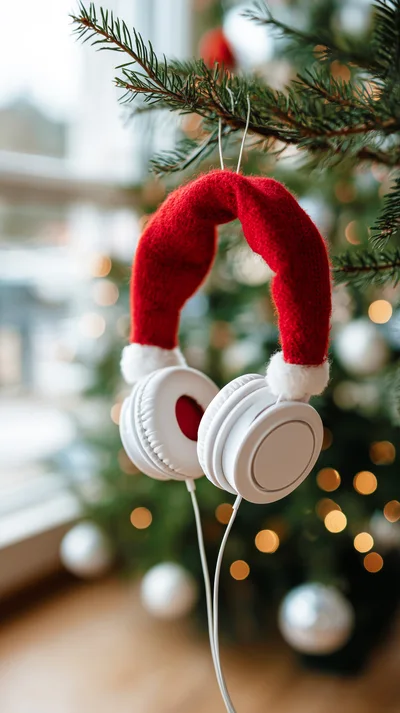 White Headphones With Santa Hat Hanging On Christmas Tree