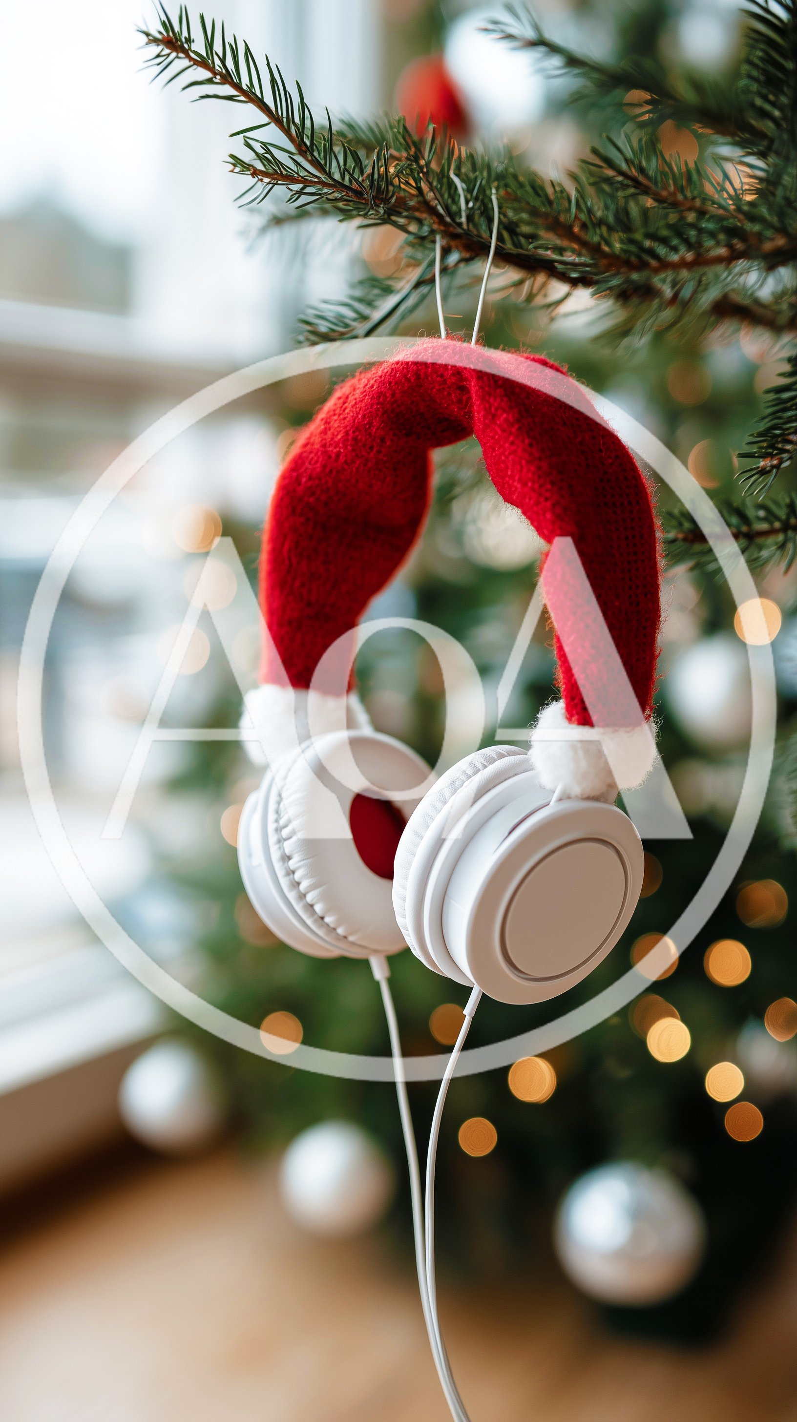 White Headphones With Santa Hat Hanging On Christmas Tree