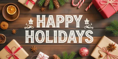 Happy Holidays Text Greeting With Christmas Decorations