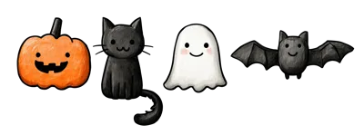 Cute Halloween Icons Set With Pumpkin Cat Ghost Bat