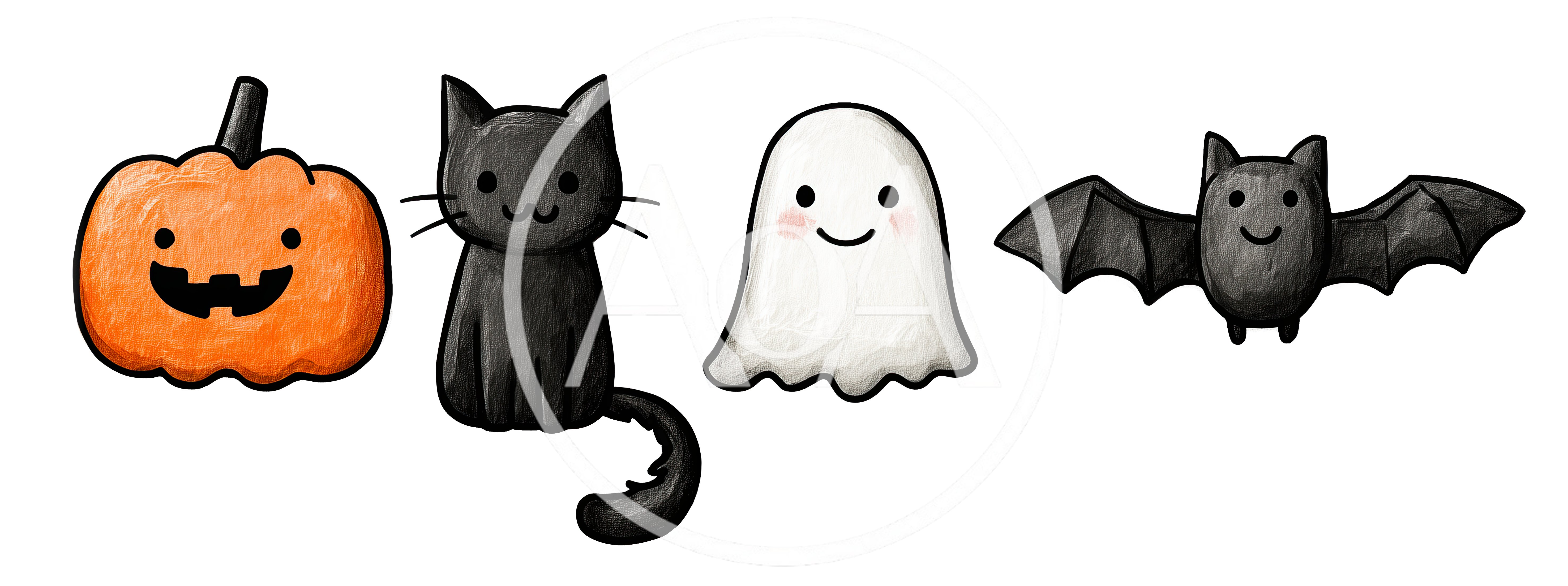 Cute Halloween Icons Set With Pumpkin Cat Ghost Bat
