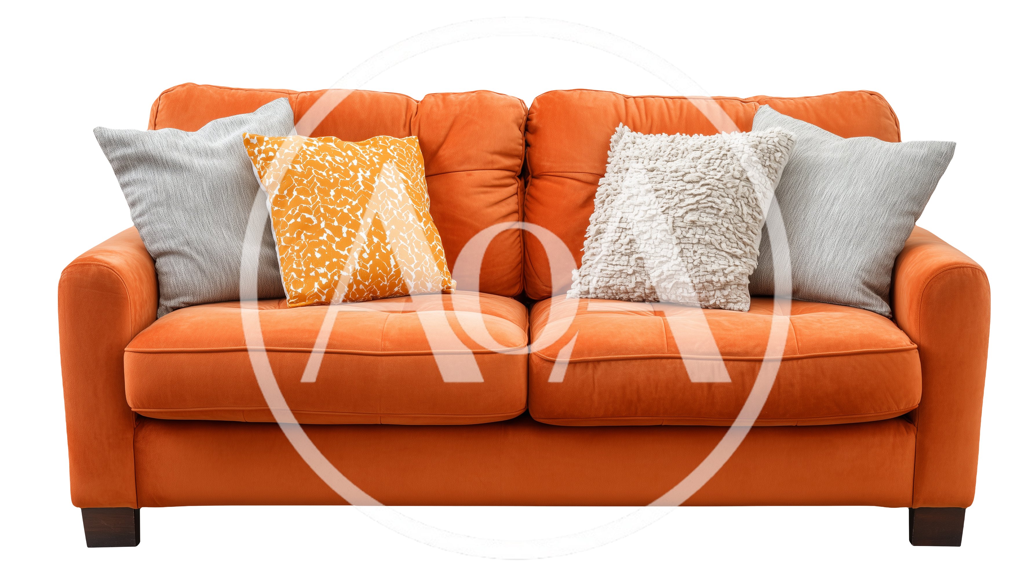 Modern Orange Two Seater Sofa With Decorative Pillows