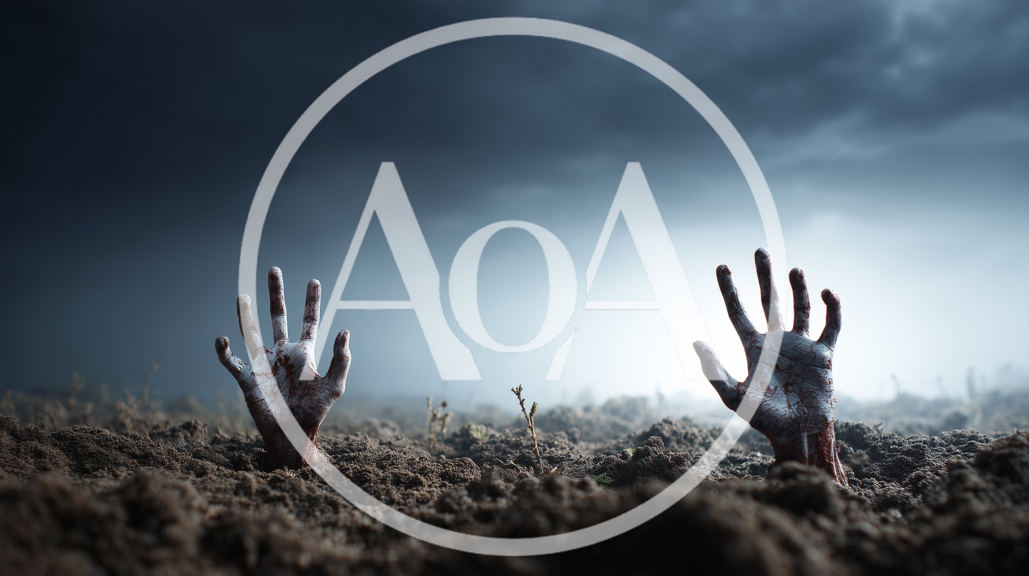 Two Bloody Zombie Hands Emerging From Dark Soil