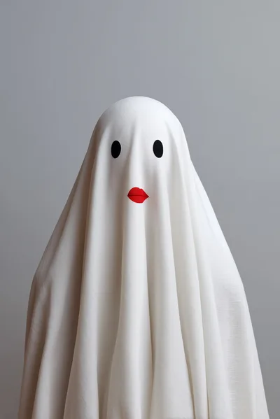 Ghost Costume With Red Lips On Grey Background