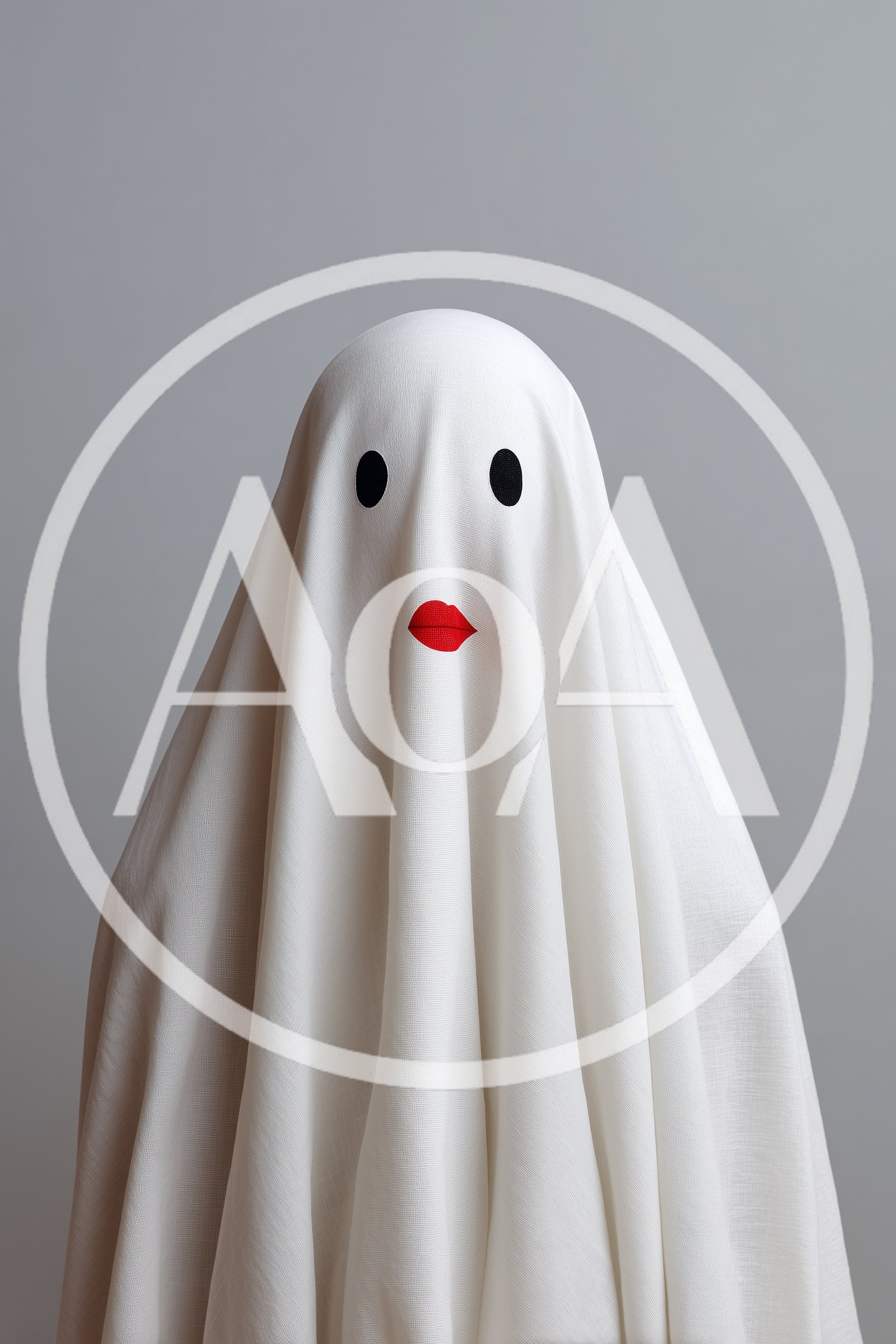 Ghost Costume With Red Lips On Grey Background