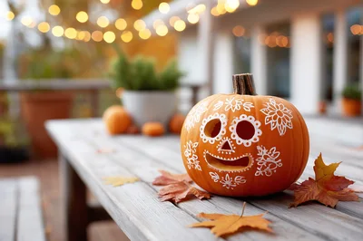 Sugar Skull Painted Pumpkin On A Wooden Table