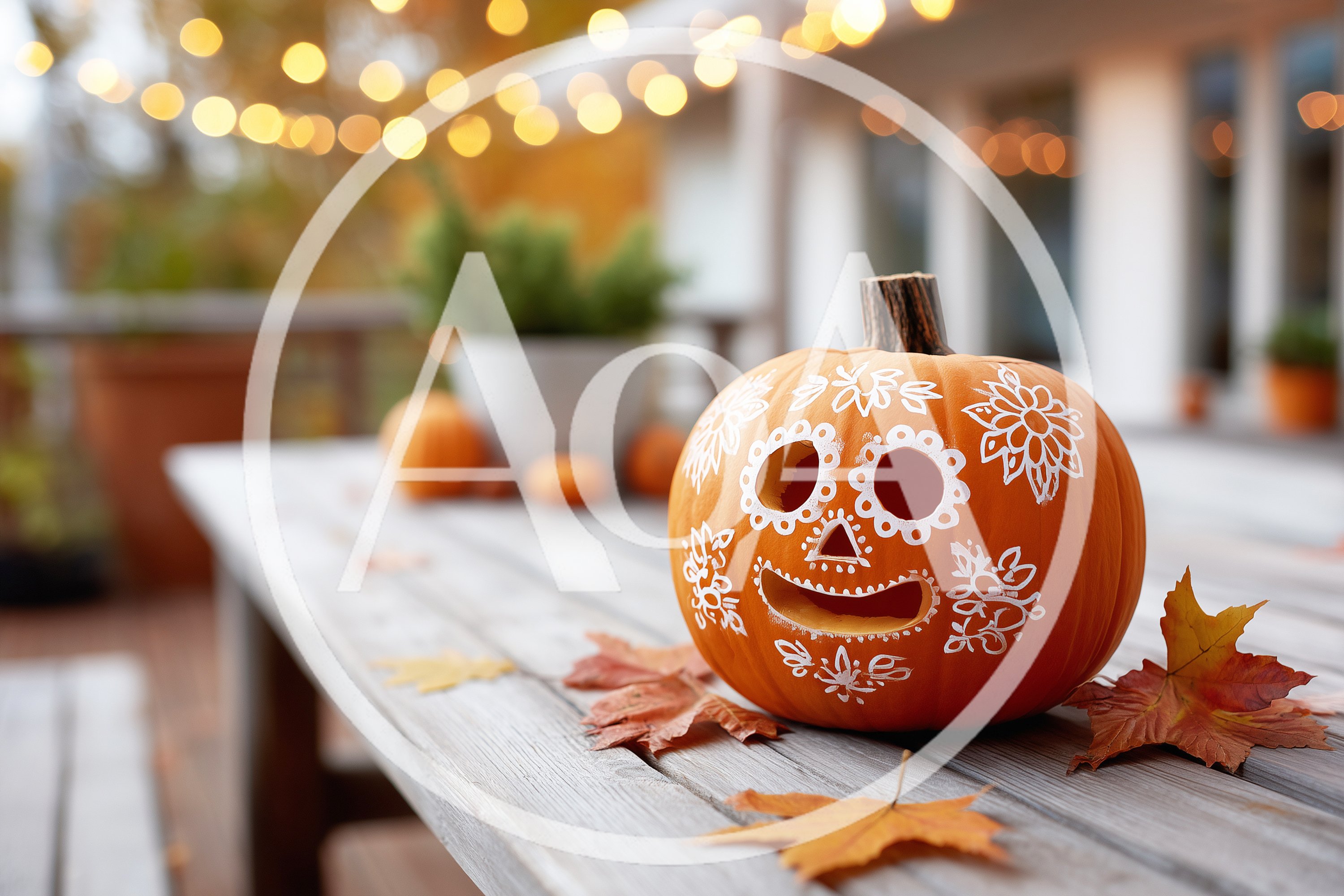 Sugar Skull Painted Pumpkin On A Wooden Table