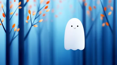 Cute Minimalist Ghost Floating In A Blue Forest