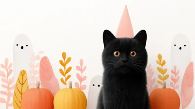 Black Cat Wearing Party Hat With Halloween Decorations