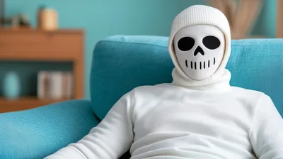 Person Wearing A White Skull Mask Sitting On Sofa