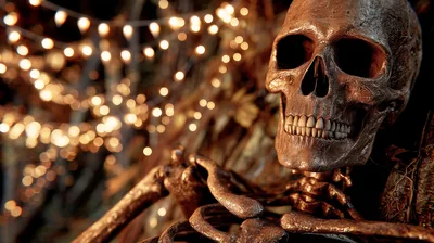 Metallic Human Skeleton With Warm Bokeh String Lights