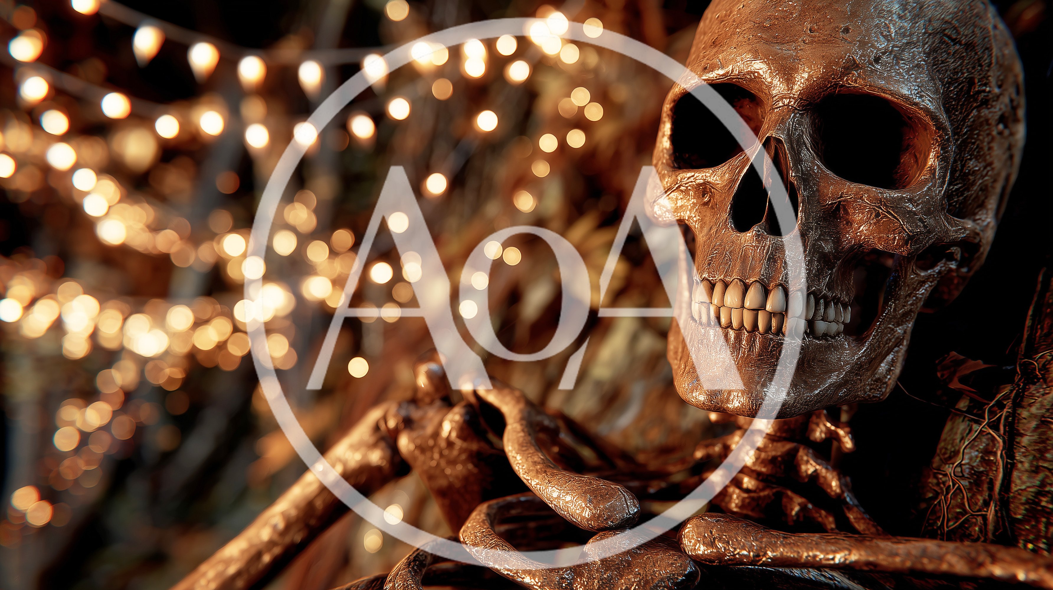 Metallic Human Skeleton With Warm Bokeh String Lights