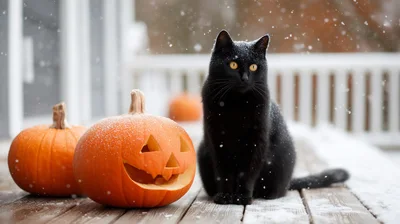 Black Cat Sitting Next To Jack O Lantern In Snow