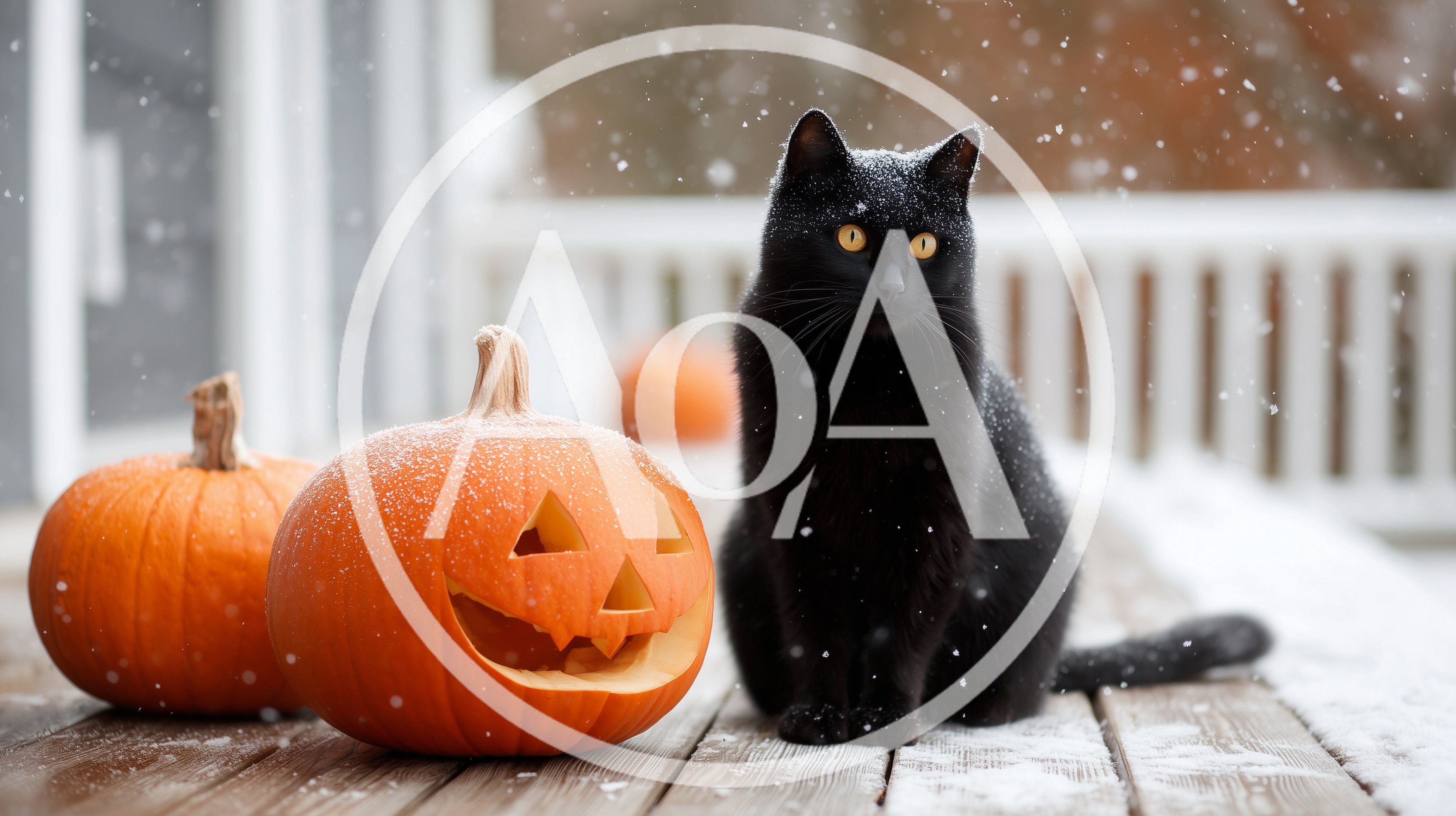 Black Cat Sitting Next To Jack O Lantern In Snow
