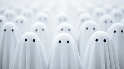 Group Of White Sheet Ghosts Standing In Rows