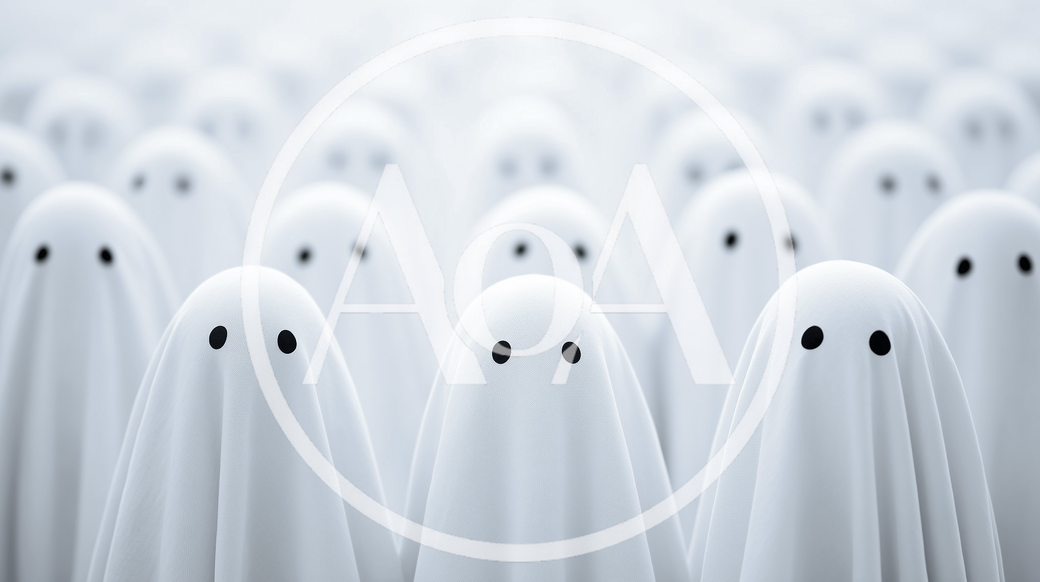 Group Of White Sheet Ghosts Standing In Rows