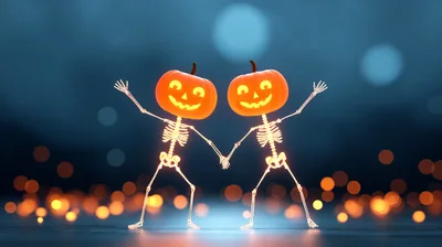 Two Glowing Skeleton Figures With Pumpkin Heads Dancing