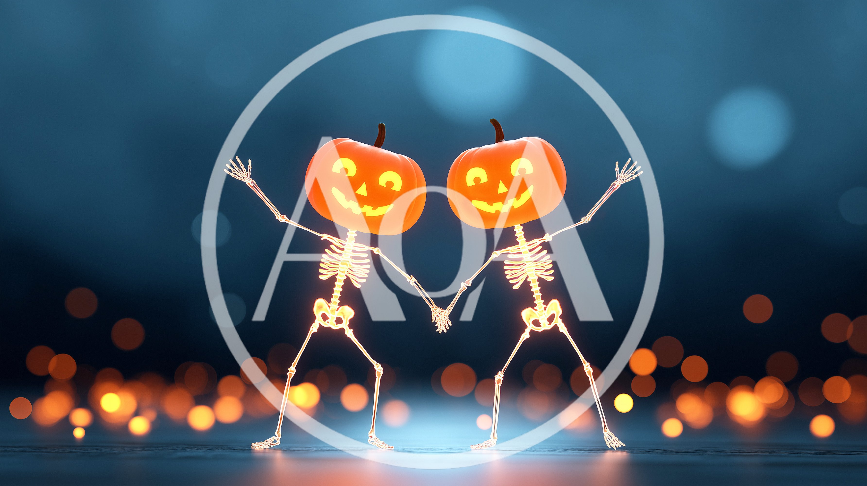 Two Glowing Skeleton Figures With Pumpkin Heads Dancing