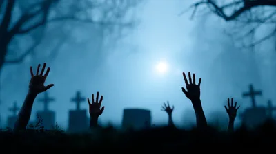 Zombie Hands Rising From Graves In Foggy Cemetery