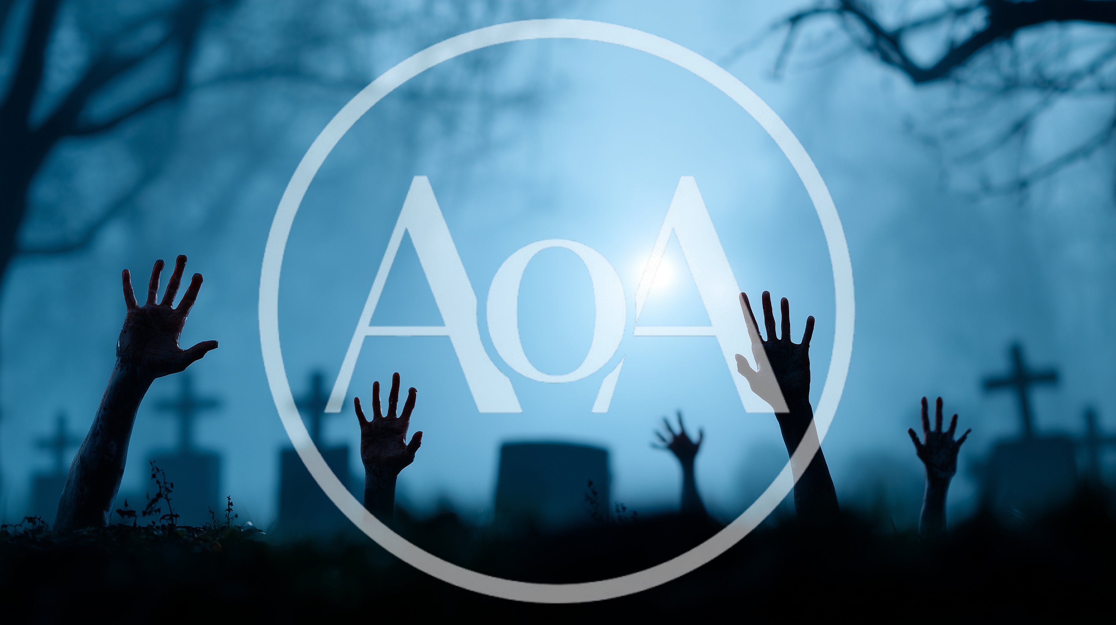Zombie Hands Rising From Graves In Foggy Cemetery