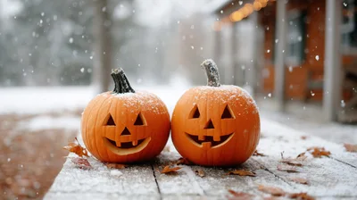 Two Carved Jack O Lanterns Sitting In The Snow