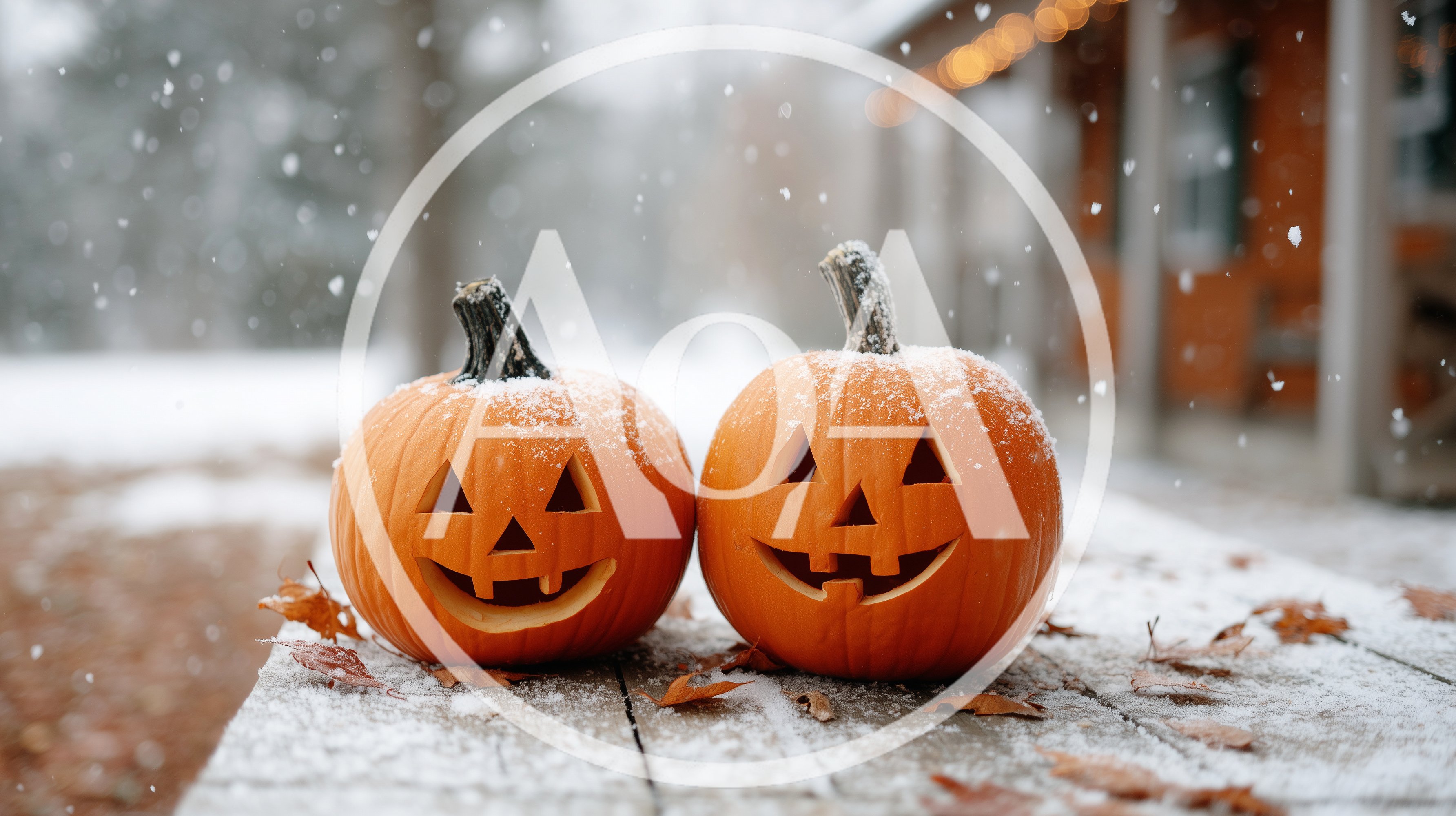 Two Carved Jack O Lanterns Sitting In The Snow