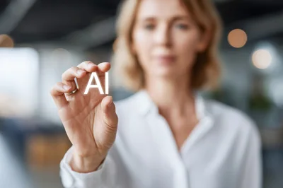 Businesswoman Holding Floating AI Text In Office