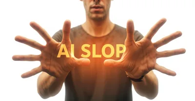 Man Holding Glowing AI Slop Text Between Hands