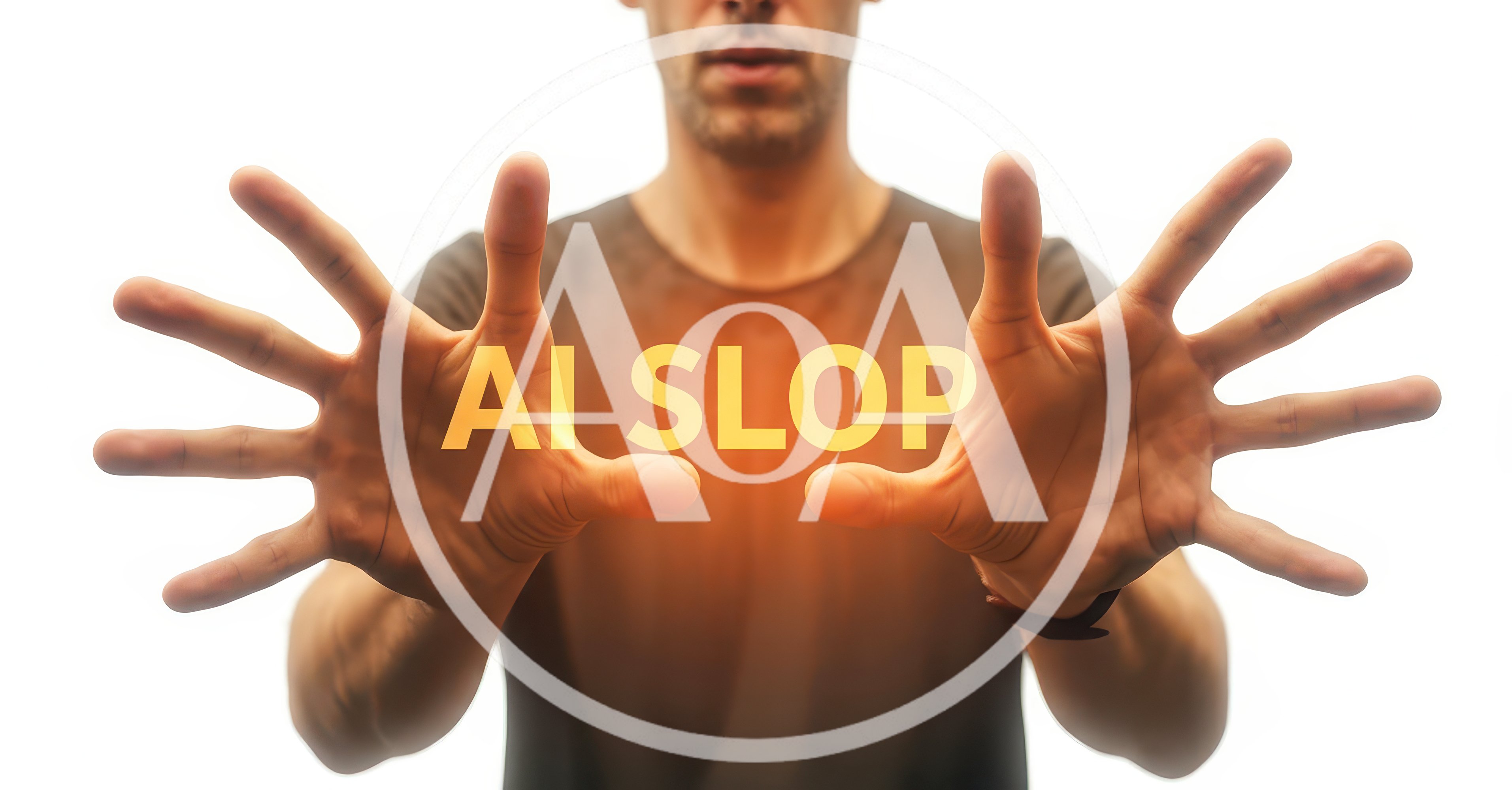 Man Holding Glowing AI Slop Text Between Hands