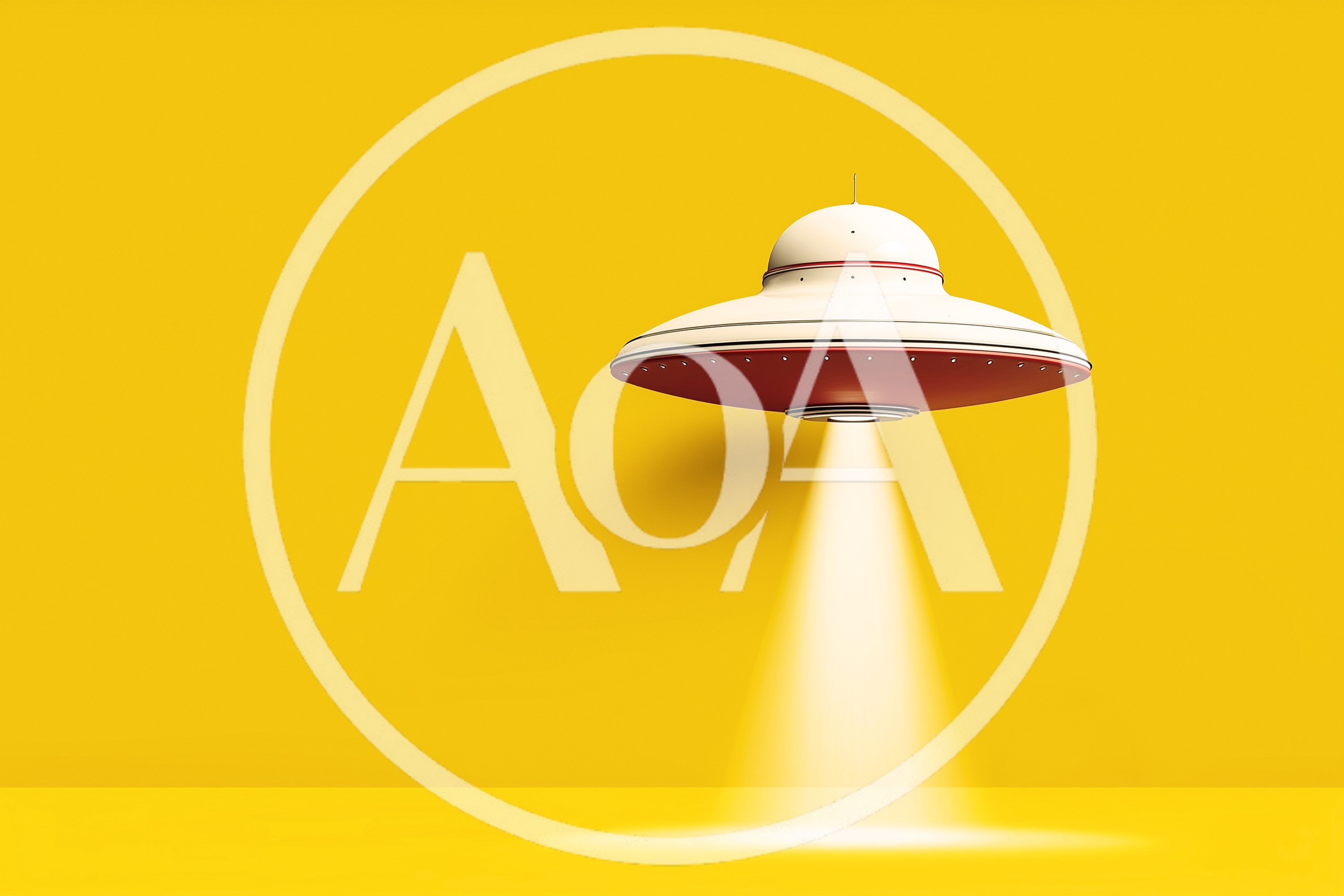 White And Red UFO Hovering Against Yellow Background