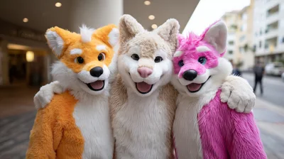 Three Furry Mascots Posing Together Outdoors
