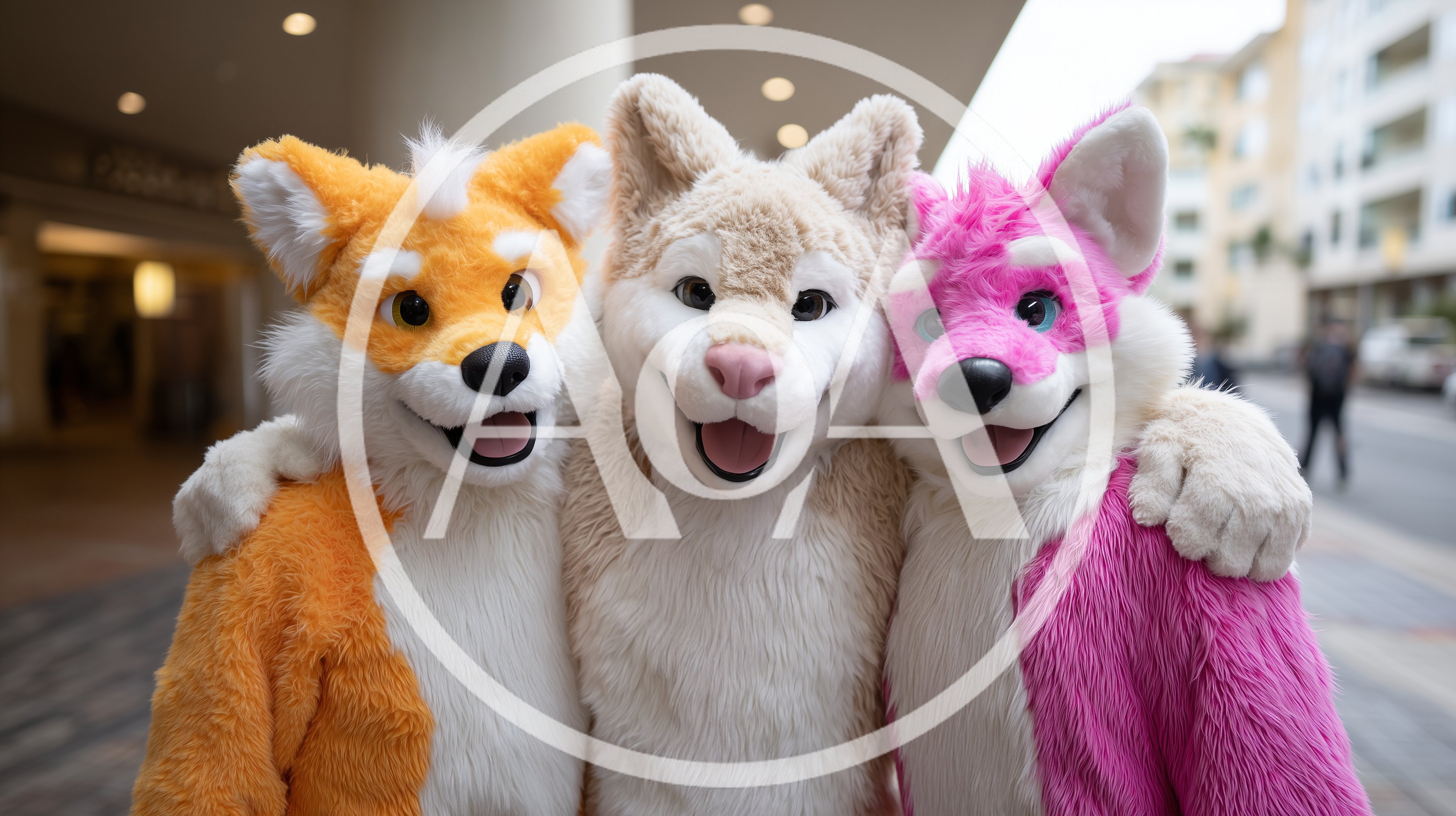 Three Furry Mascots Posing Together Outdoors