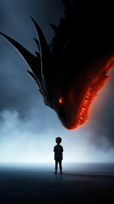 Small Child Standing Before A Massive Glowing Dragon