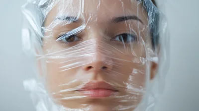 Close Up Portrait Of Woman Wrapped In Plastic Film