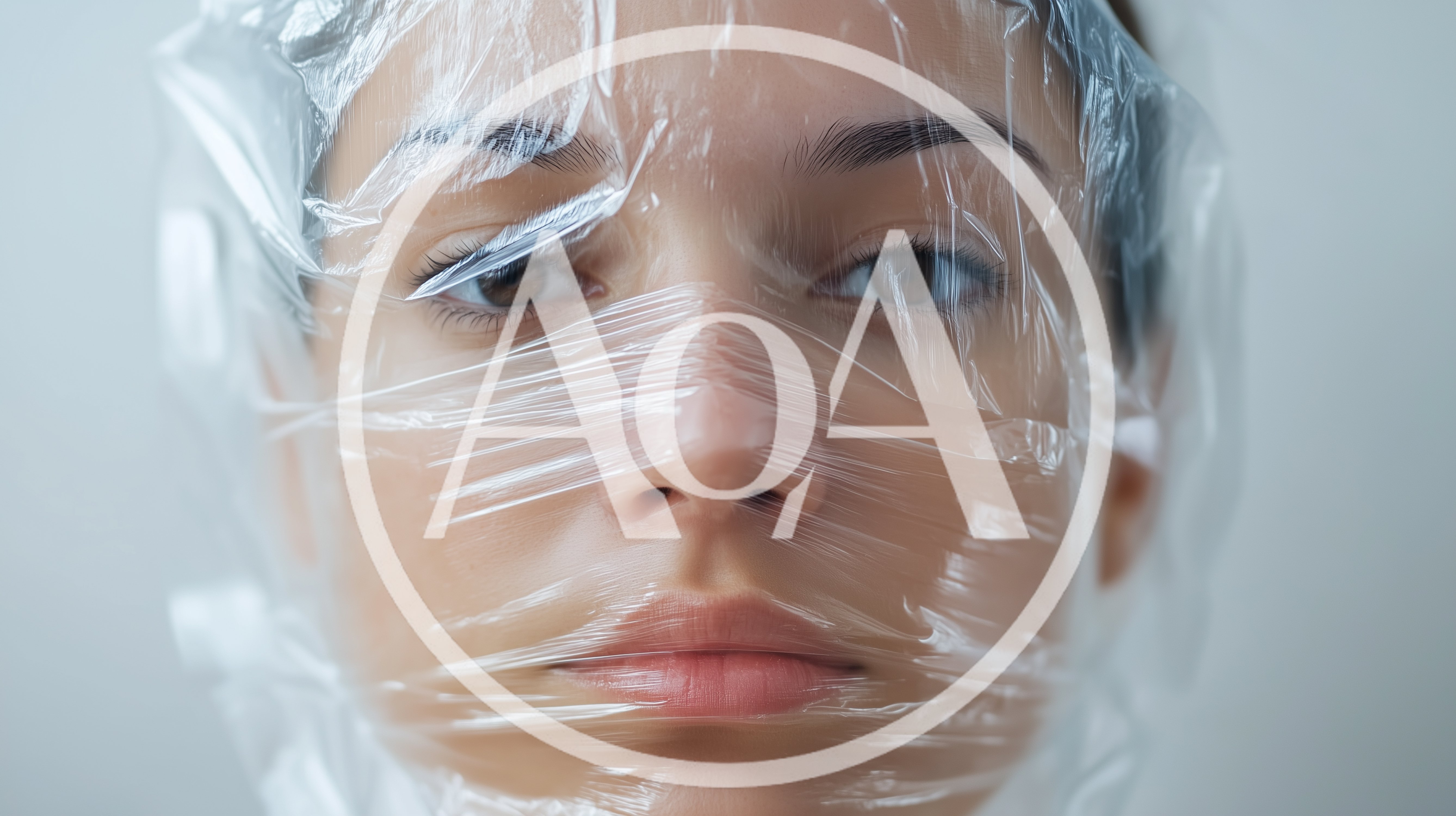 Close Up Portrait Of Woman Wrapped In Plastic Film