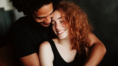 Affectionate Interracial Couple Embracing In A Dark Studio