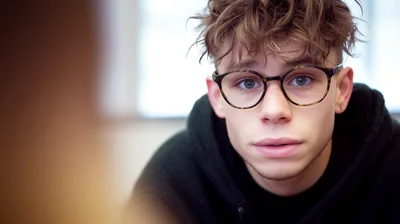 Young Man With Messy Hair And Glasses Looking Forward
