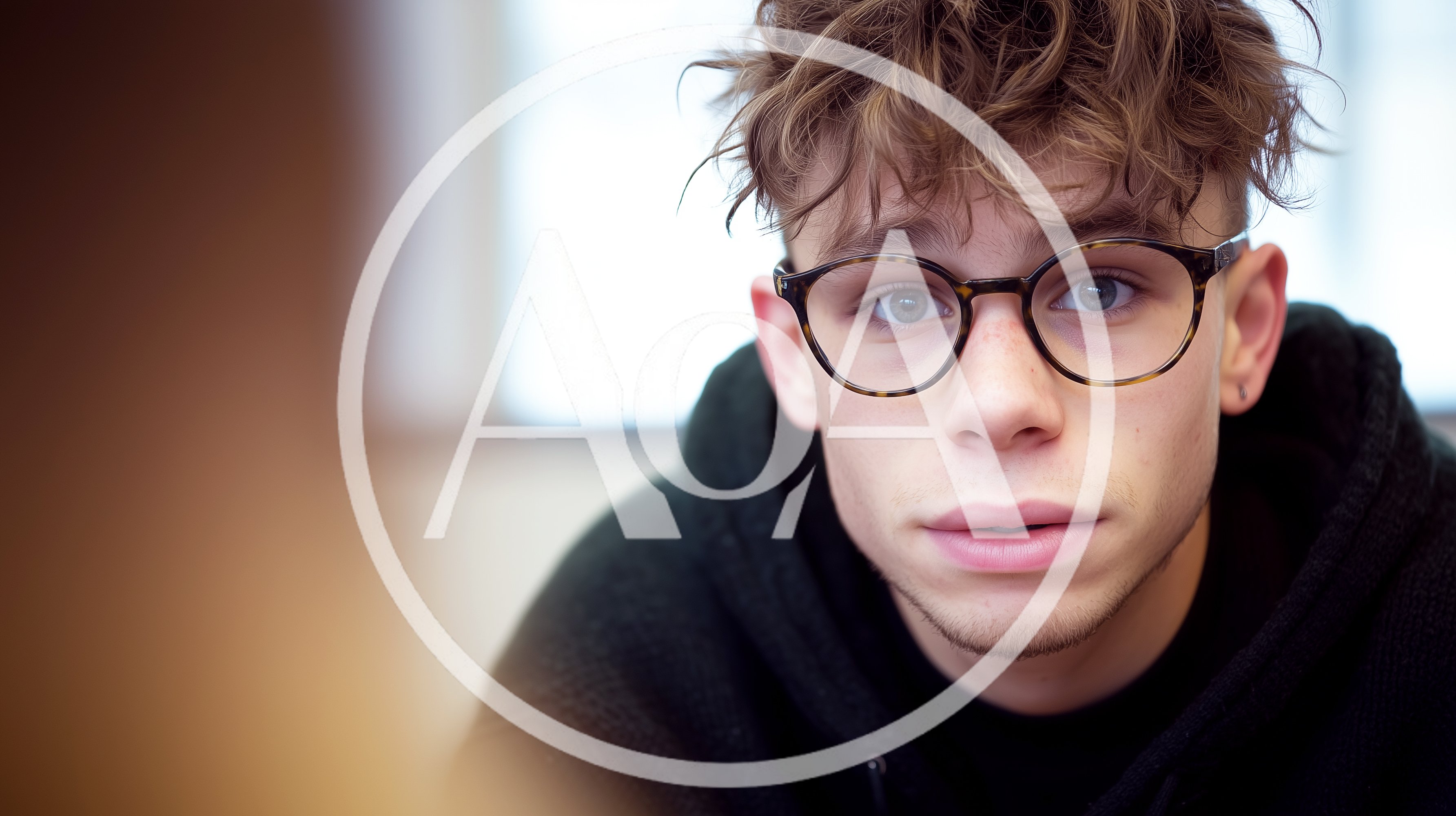 Young Man With Messy Hair And Glasses Looking Forward